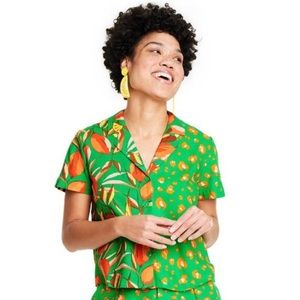 Tabitha Brown x Target Green Leopard/Orange Print Linen Blend Button Down XS
